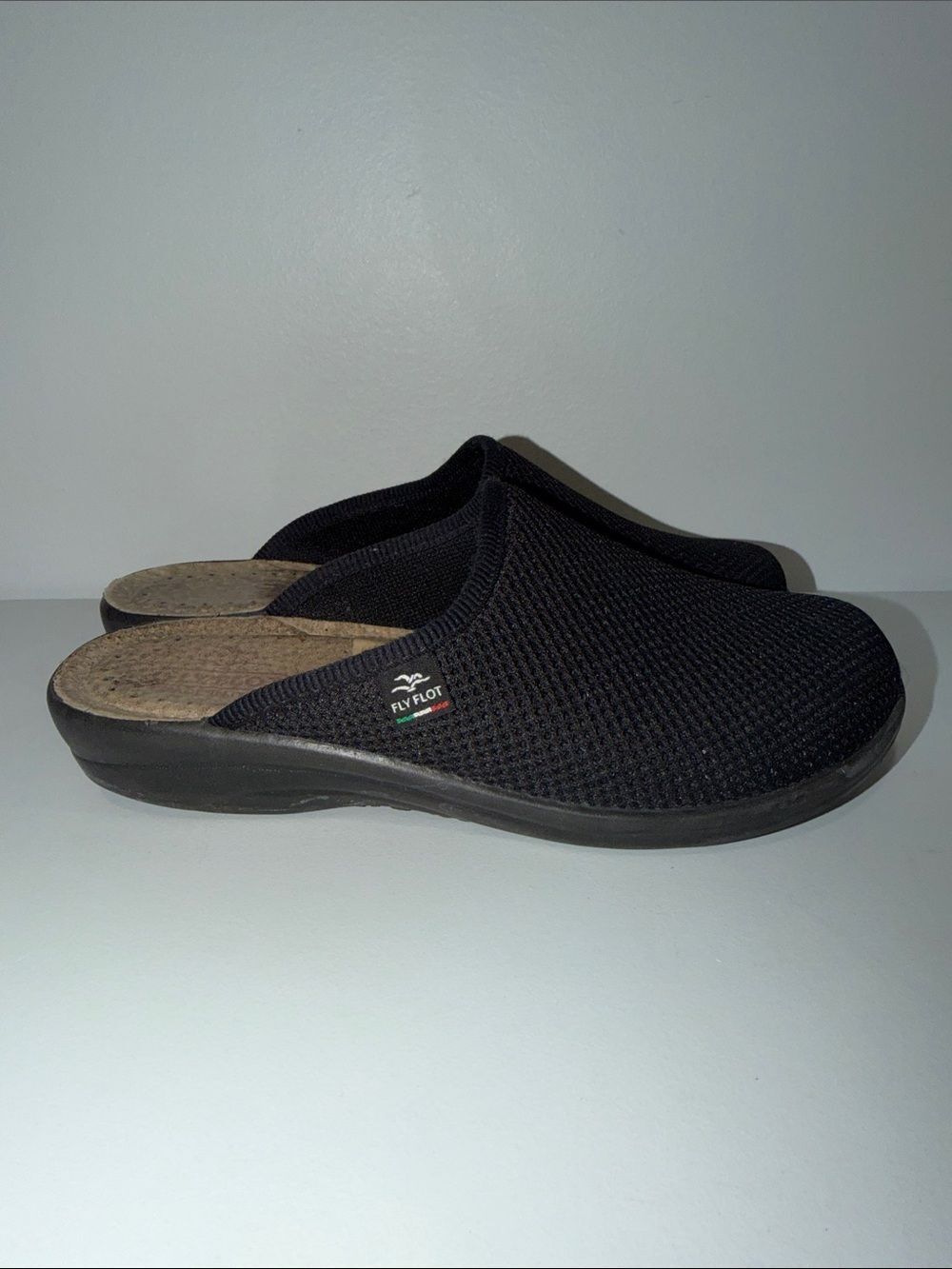 FLY FLOT 7.5 Black Mesh Genuine Leather Anatomic Footbed Slip On Mules Clogs